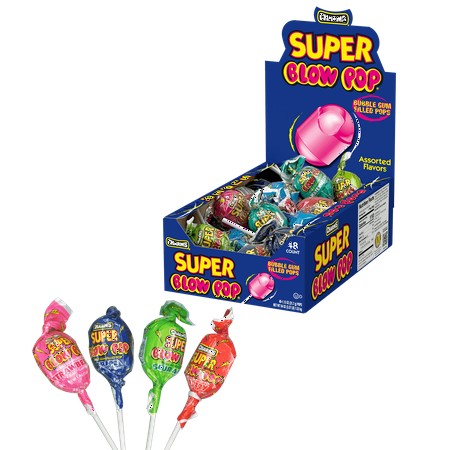 Charms Super Blow Pop Assorted – Bubble Gum Filled Lollipops  48 Count Box (1.12 Oz Each)