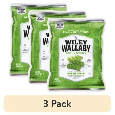 (3 Pack) Wiley Wallaby Green Apple Licorice Candy  4 Oz. Bag  Contains Wheat & Soy
