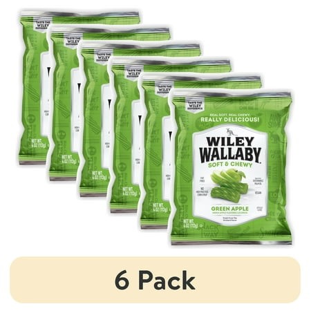 (6 Pack) Wiley Wallaby Green Apple Licorice Candy  4 Oz. Bag  Contains Wheat & Soy