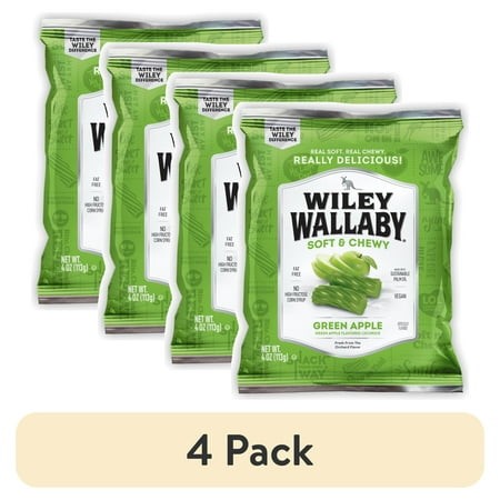(4 Pack) Wiley Wallaby Green Apple Licorice Candy  4 Oz. Bag  Contains Wheat & Soy