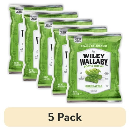 (5 Pack) Wiley Wallaby Green Apple Licorice Candy  4 Oz. Bag  Contains Wheat & Soy