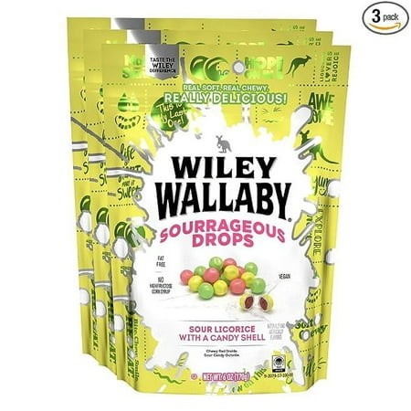 Wiley Wallaby 6 Ounce Sourrageous Drops Mix of Watermelon  Green Apple and Lemon Soft & Chewy Licorice with a Candy Shell  3 Pack