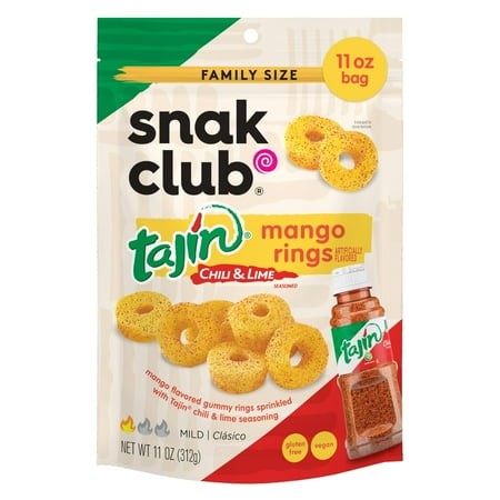 Snak Club Tajin Mango MFF30 Rings Gummy Candy  Fruit Candy Gummies with Chili and Lime Seasoning  Mild  Gluten-Free and Vegan Snacks  11 Oz Resealable