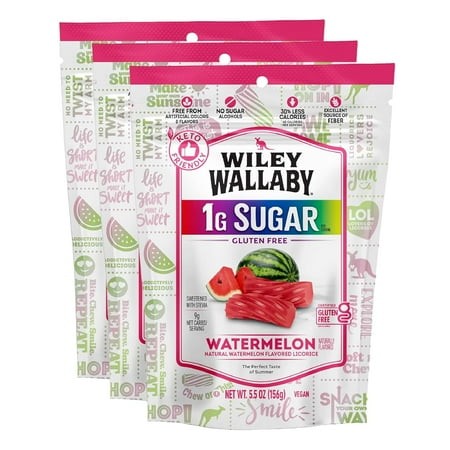Wiley Wallaby Licorice 5.5 Ounce Watermelon Low Sugar Gluten Free Gourmet Soft & Chewy Australian Licorice Candy Twists  3 Pack