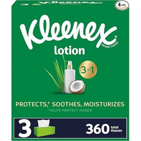 Kleenex Lotion Facial Tissues with Coconut Oil  3 Flat Boxes  120 Tissues per Box  3-Ply