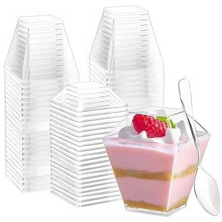 50 Pcs Clear Dessert Cups 8 Oz Square Cups with Lids & Spoons Plastic Appetizer Cups Ideal for Parties and Events 1.97×1.1×1.77