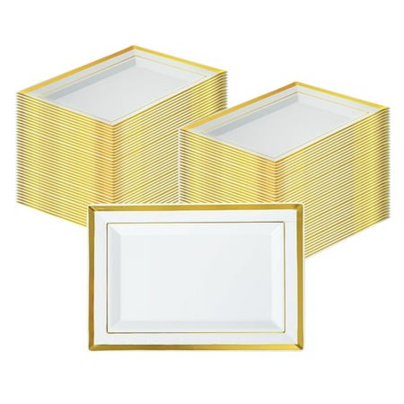 Moderna Rectangle White Plastic Gold-Rimmed Plate - 7 1/2  X 5 1/4  X 1/2  - 70 Count Box