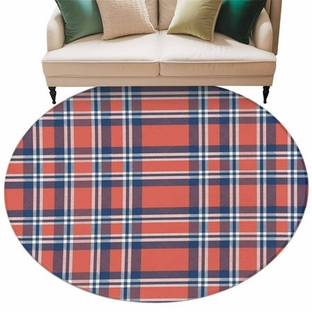 Round Rugs 6 Ft  Orange Blue Non Slip Area Rugs for Kitchen Bedroom Entryway  British Style Buffalo Plaid Lattice Washable Carpet Runner Rug Floor Mat