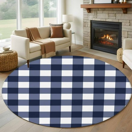 Round Rugs 6 Ft  Navy Blue Plaid Non Slip Area Rugs for Kitchen Bedroom Entryway  White Checkered Farmhouse Buffalo Washable Carpet Runner Rug Floor M