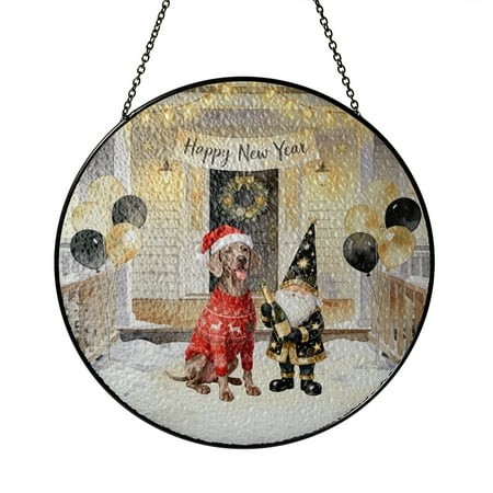 Happy New Year 2026 Weimaraner Santa Gnome Holiday Party Snow Stained Glass Suncatcher Weim Gray Ghost Dog Lover Window Hanging Sign Decor - 13019