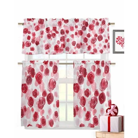 Valentine S Day Window Curtains Valance Set of 3 Romantic Ink Red Flower Watercolor Red Roses Floral Rod Pocket Small Kitchen Curtain  Soft Window Tre