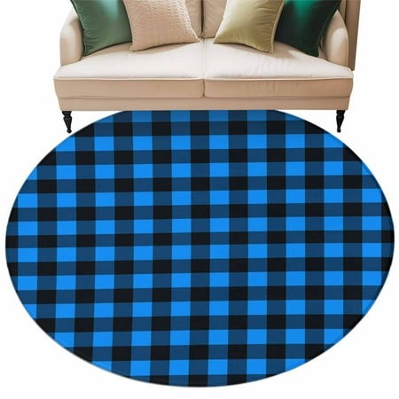 Round Rugs 6 Ft  Black Blue Plaid Non Slip Area Rugs for Kitchen Bedroom Entryway  Country Buffalo Checked Gingham Washable Carpet Runner Rug Floor Ma