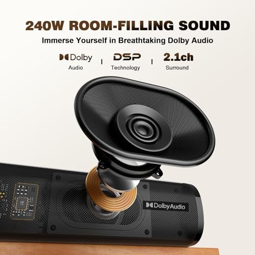 Nylavee Sound Bar - 2.1ch Dolby Audio Soundbar with Subwoofer, 240W High Volume, Wall Mountable 30-inch Bluetooth Sound Bar with HDMI ARC, Optical, an