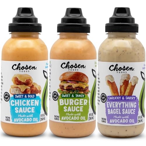 Chosen Foods Dip & Drizzle Sauces Variety Pack Burger Sauce, Chicken Sauce, and Everything Bagel Sauce 3-Pack, for Hamburgers, Sandwiches, Nuggets, Wi
