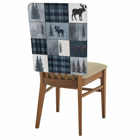Bear Moose Chair Back Covers Set of 6  Blue Retro Forest Wild Animal Buffalo Plaid Patchwork Stretch Dining Chair Back Slipcovers Removable Seat Cover
