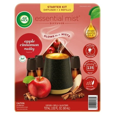 air wick essential mist cordless oil diffuser apple cinnamon medley 1 diffuser + 3 refills