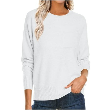 Oksale Knit Fall Sweaters for Women with Pockets Lightweight Long Sleeve Sweater Ultra Soft Knitted Jumper Casual Crewneck Basic Tops White L