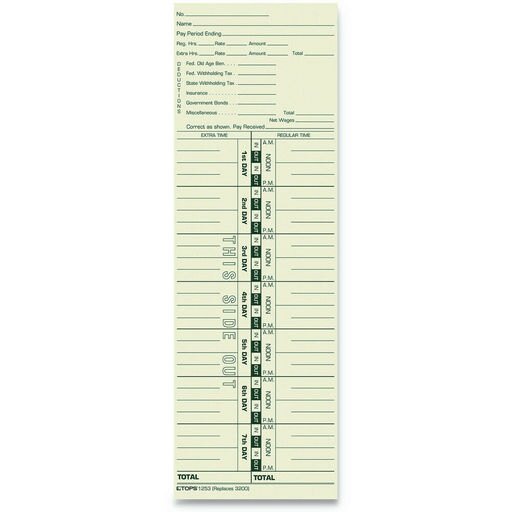 TOPS 1253 Time Card for Acroprint & Lathem, Weekly, 3 1/2 X 10 1/2 (500/Box) New
