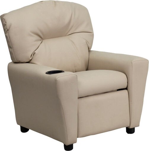 Contemporary Beige Vinyl Kids Recliner with Cup Holder - BT-7950-KID-BGE-GG