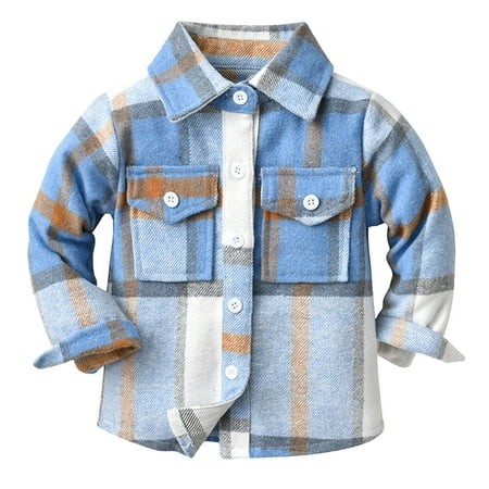 Karoyedx Boys Flannel Shirts Kids Flannel Plaid Shirt Boys Buffalo Shacket Long Sleeve Clothes Toddler Baby Button Down Coat Fall Winter Blue Size 6-7
