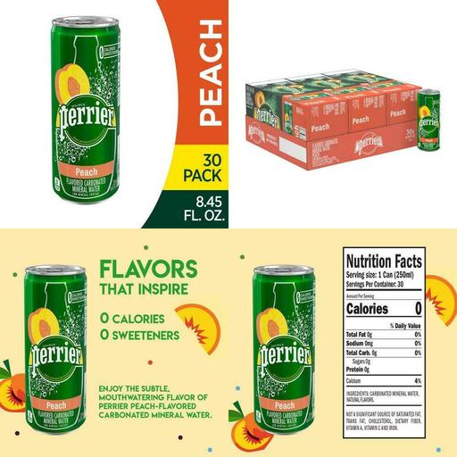 Perrier Peach Flavored Carbonated Mineral Water, 8.45 Fl. Oz (Pack of 30)