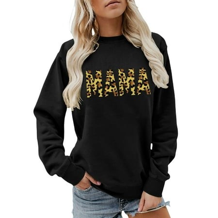 EliteGoogv Women Crewneck Sweatshirt Mama Letter Sweatshirts Loose Fit Sportswear Activewear Comfortable Casual Streetwear Top Black XXL