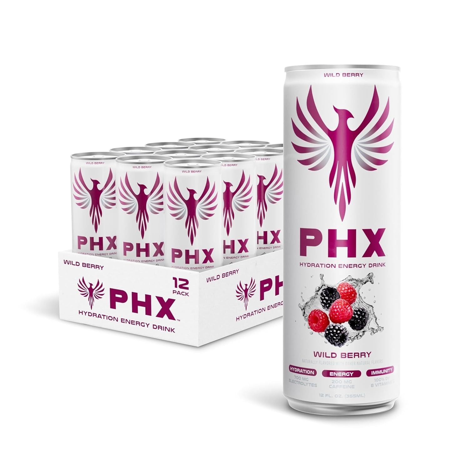 PHX Hydration Energy Drink  12 Oz Cans (12 Pack) (12 Pack, Wild Berry)