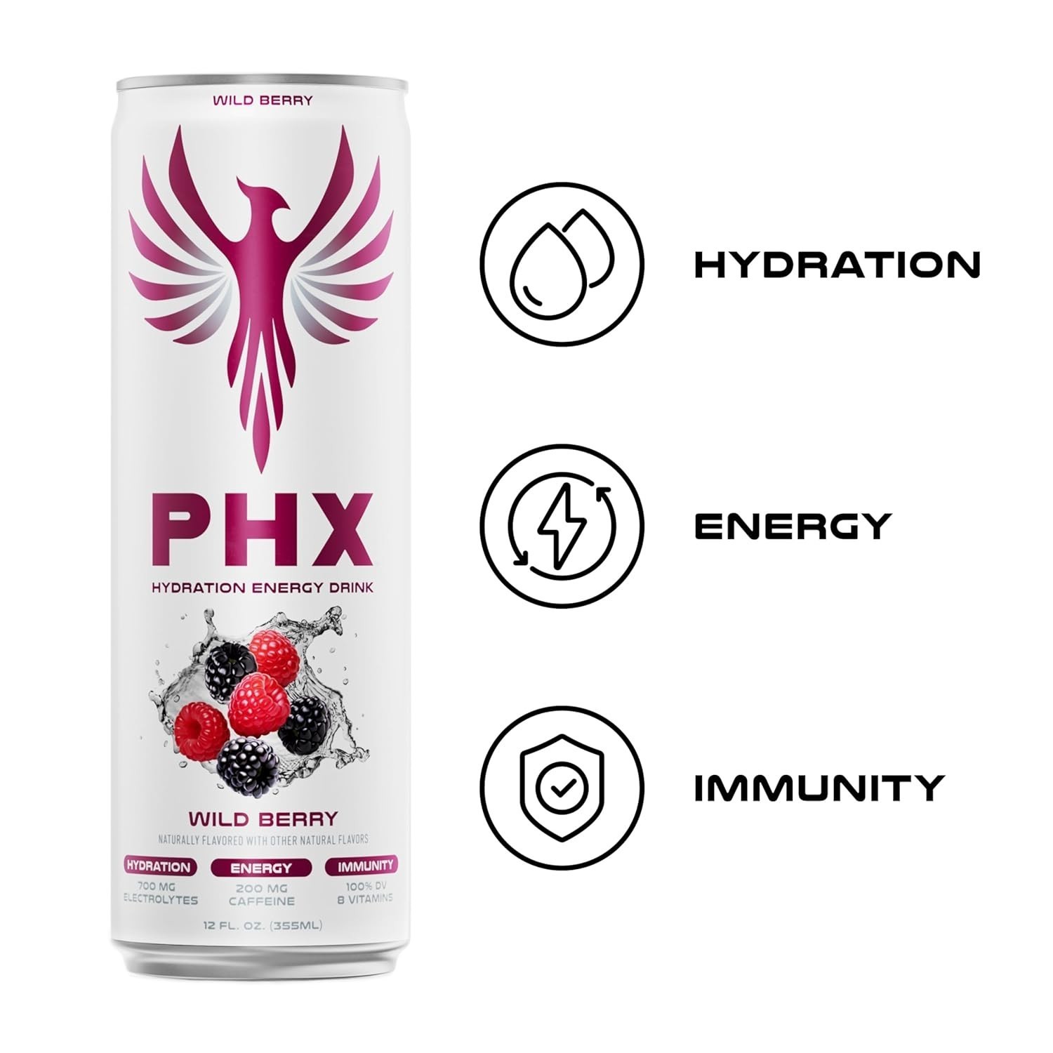PHX Hydration Energy Drink  12 Oz Cans (12 Pack) (12 Pack, Wild Berry) thumbnail
