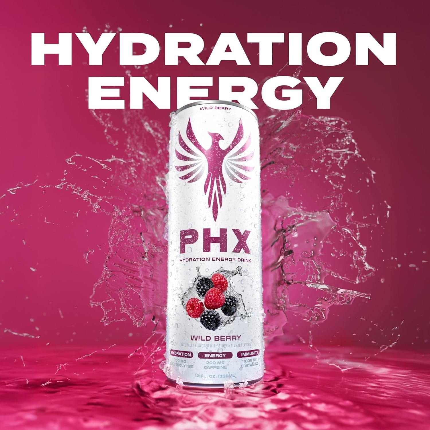 PHX Hydration Energy Drink  12 Oz Cans (12 Pack) (12 Pack, Wild Berry) thumbnail