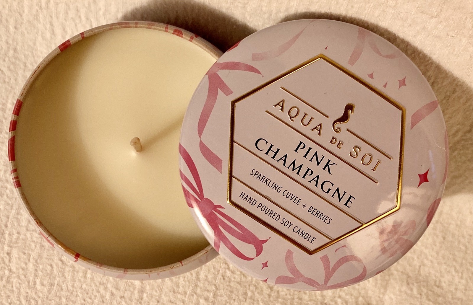Aqua De Soi Candle ~ 4 Oz. 1 Wick Tin ~ Pink Champagne Natural Soy Candle USA