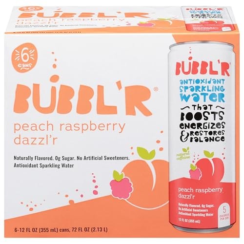 BUBBL’R, Peach Raspberry Dazzl'r Antioxidant Sparkling Water, 12 Fl Oz, 6 Pack