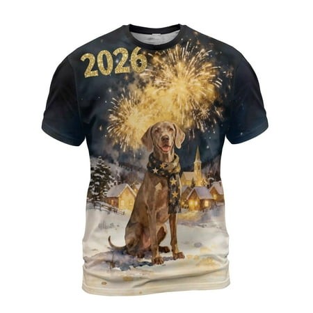 Weimaraner Happy New Year 2026 with Fireworks on New Year S Eve All Over Print 3D Shirt Unisex Merch Weim Gray Ghost Dog Lover - 12022