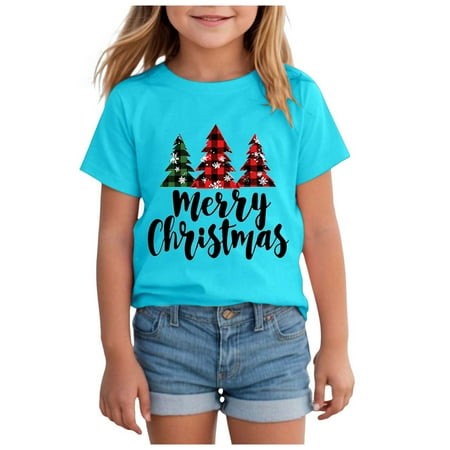 Staki Shirts for Girls Girl S Christmas Buffalo Plaid Raglan Top Funny Holiday Graphic Shirt(Light Blue 5-6 Years)