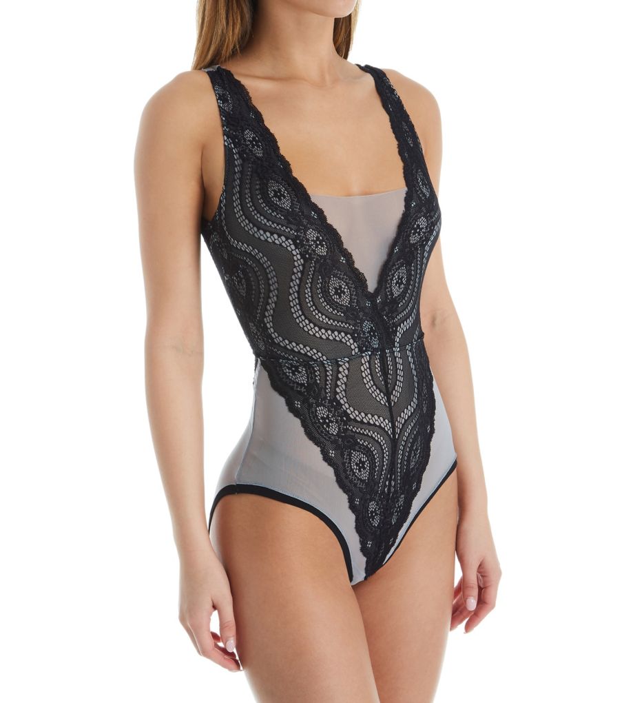 Women S Rhonda Shear 4807 up All Night Lace Bodysuit (Grey/Black 1X)