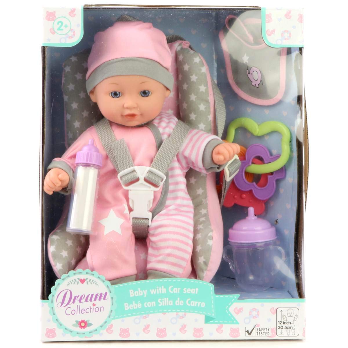 GIGO TOYS Baby Doll Playset with Car Seat, Includes Rattle, Keychain, Milk Bottle, Bib & Water Cup, Set for Kids, Ages 2 and up