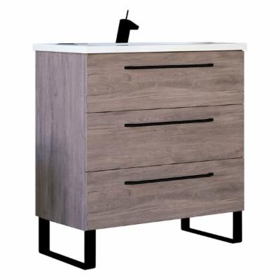 Modern Bathroom Vanity Cabinet Set | Dakota Chicago Grey Oak Wood | Black Handles | 32 X 33 X 18 in Cabinet + Ceramic Sink (Single Vanities - Oak