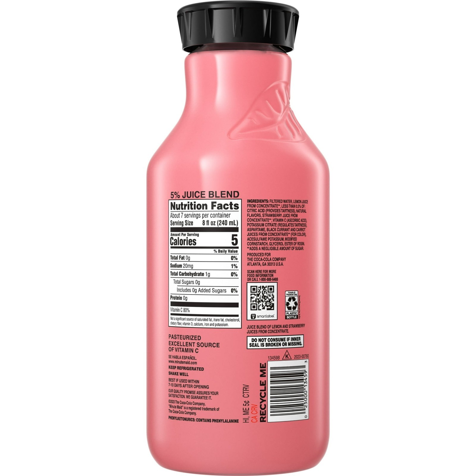 Minute Maid Zero Sugar Strawberry Lemonade Bottle, 52 Fl Oz thumbnail