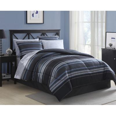 Essential Home Complete Bed Set - Gray/Blue Stripe, Blue/Grey Stripe