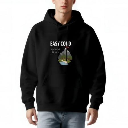 Men S Loose Fit Hoodie with Front Pocket Drawstrings Mountain Design with Red Flag Winding Path & Water   EASY CORD   Text