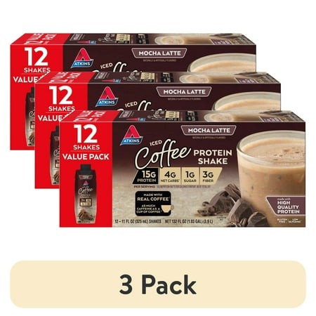 (3 Pack) Atkins Mocha Latte Iced Coffee Flavor High Protein Shake  15g of Protein  1g Sugar  Low Carb and Low Sugar Protein Shakes  Keto Friendly  12 