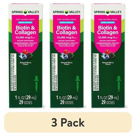 (3 Pack) Spring Valley Zero Sugar Biotin and Collagen Fast Acting Liquid for Hair/Skin/Nails  Natural Berry Flavor  15000 Mcg  1 Fl Oz