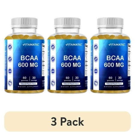(3 Pack) Vitamatic BCAA Gummies - Branch Chain Amino Acid Supplements - Peach Flavor - 600mg per Serving - 60 Vegan Pectin Based Gummies