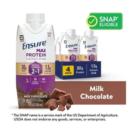 Ensure Max Protein Shake  2-in-1 Muscle Support  30g Protein  Milk Chocolate  11 Fl Oz  4 Pack