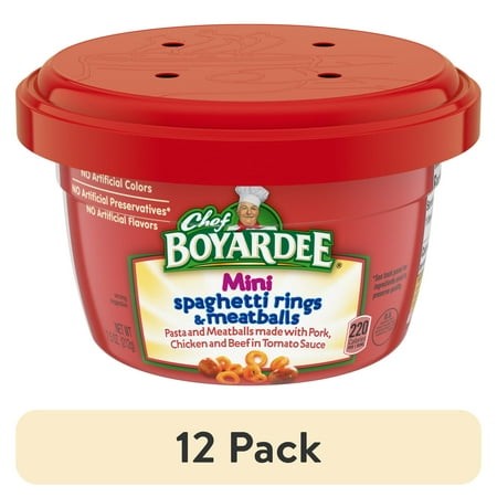(12 Pack) Chef Boyardee Mini Spaghetti Rings and Meatballs in Tomato Sauce  Microwavable Meal  7.5 Oz. Bowl