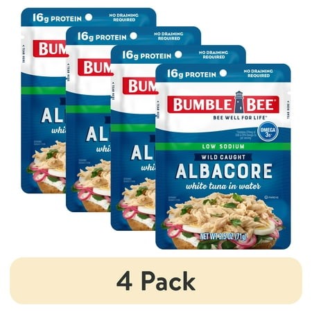 (4 Pack) Bumble Bee Low Sodium Chunk White Albacore Tuna in Water  Wild Caught  Gluten Free  16g Protein per Serving  Shelf Stable Pouch  2.5 Oz