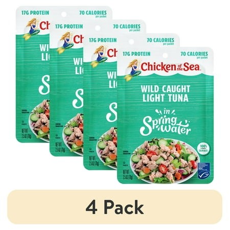 (4 Pack) Chicken of the Sea Wild Caught Light Tuna in Spring Water Packet 2.5 Oz