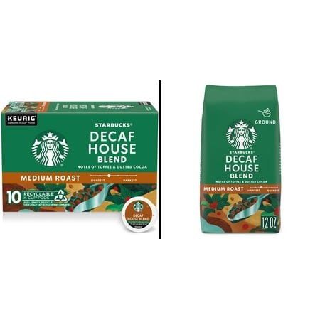 Starbucks K-Cup Coffee Pods Decaf House Blend 10 Pods & Ground Coffee Decaf House Blend 12 Oz