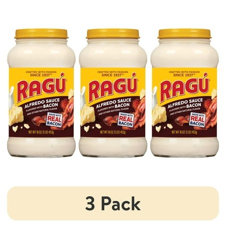 (3 Pack) Ragu Alfredo Bacon Pasta Sauce  Real Cheese & Real Bacon Bits  Zero Sugar  16 Oz