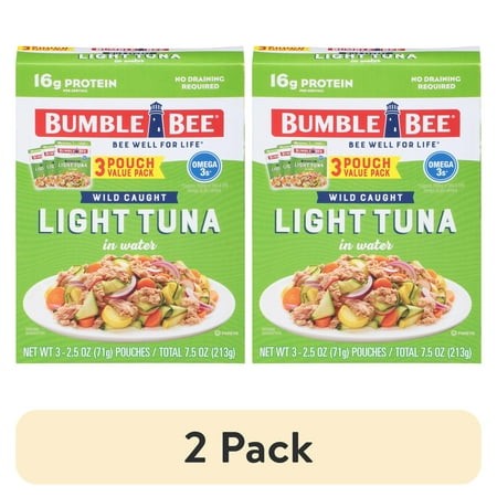 (2 Pack) Bumble Bee Chunk Light Tuna in Water  Wild Caught Skipjack Tuna  Gluten Free  16g Protein per Serving  Shelf Stable Pouch  2.5oz (Pack of 3)