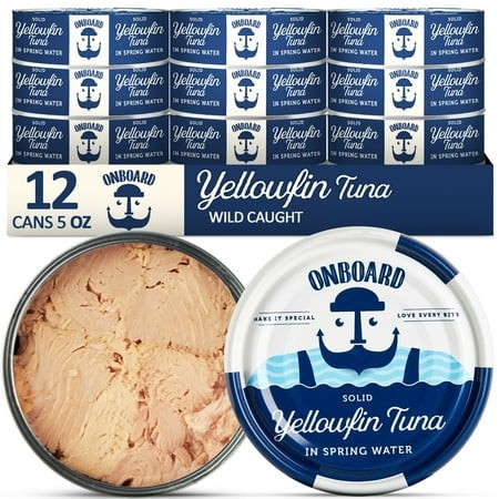 ONBOARD Premium Yellowfin Tuna in Spring Water - 12 Pack  Solid Light 5 Oz Cans Sustainably Wild Caught Canned Tuna  Non GMO  Gluten Free  Keto  Koshe